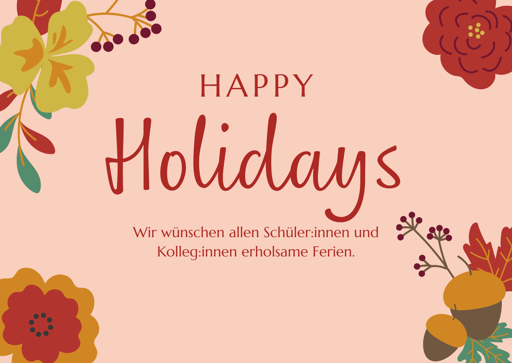 Ferienwünsche auf rosa Grund mit Blumen-Illustrationen.